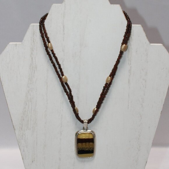 Kenneth Cole Sterling Silver Enamel Pendant wBeaded Amber Dual Strand Necklace - Picture 1 of 11